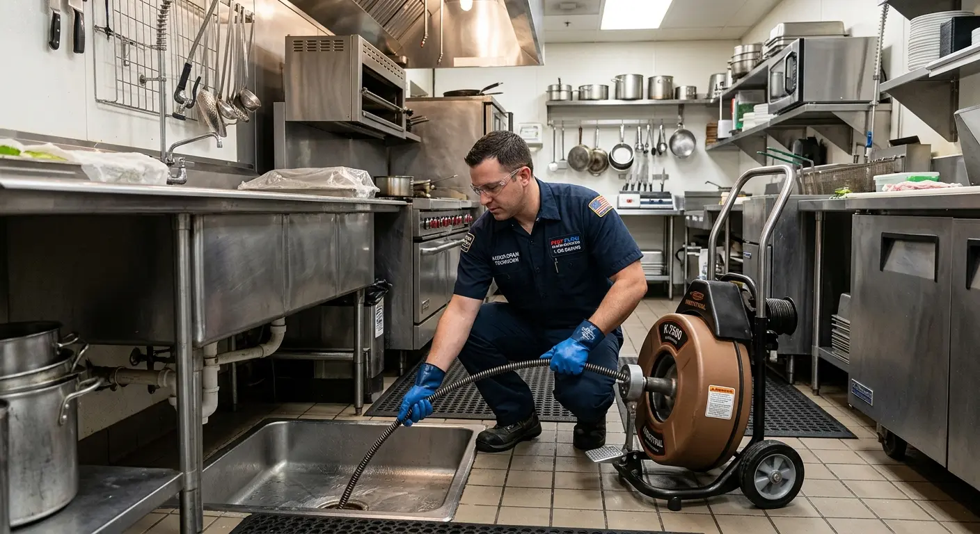 Commercial drain cleaning service in a restaurant kitchen in Laguna Niguel