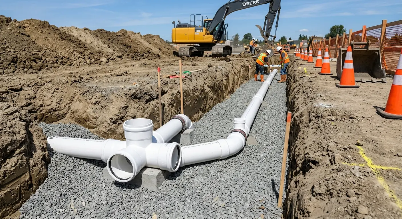 New PVC sewer pipe installation in open trench for Sewer Backup in Laguna Niguel
