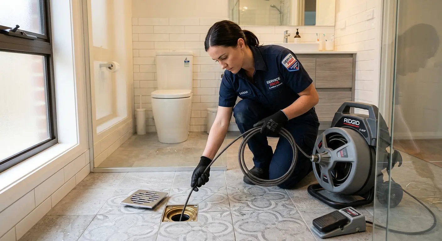 Technician clearing a bathroom floor drain for Hydro Jetting in Laguna Niguel